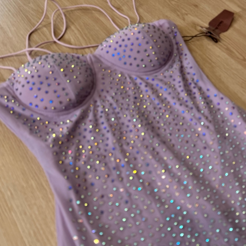 Hate monde lavender iridescent rhinestone mesh mini dress nwt - Picture 3 of 3
